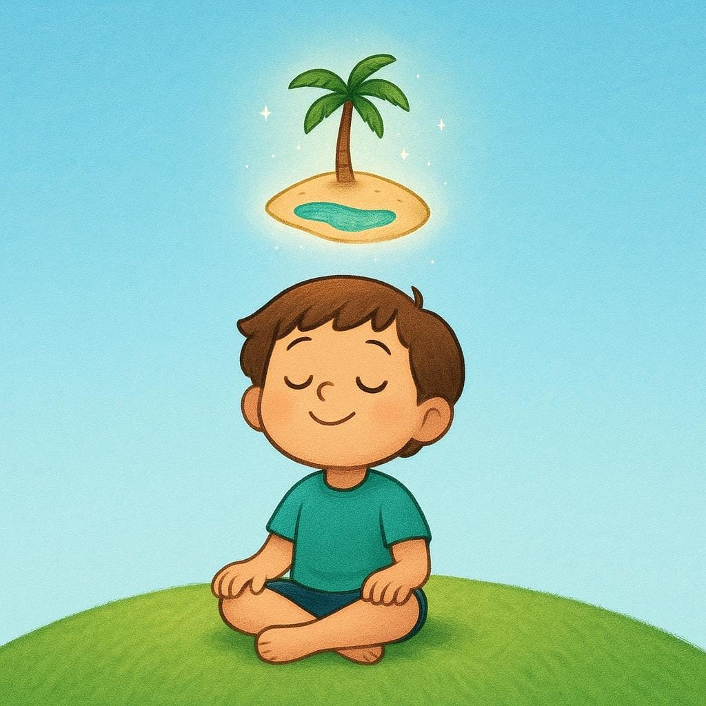 A child sitting cross-legged on a green hill, looking at a small, glowing miniature tropical island floating just above their head, representing the act of imagining.