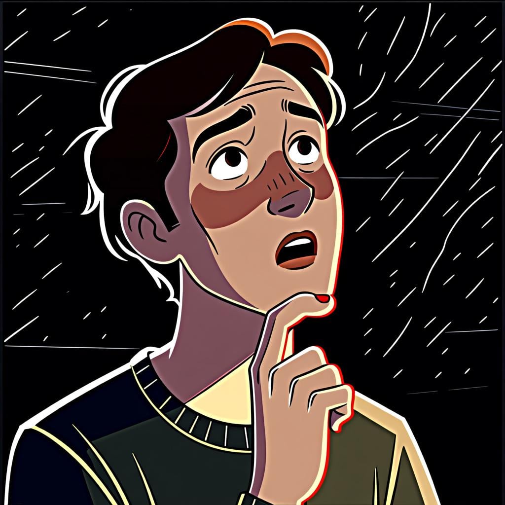 A person pausing mid-sentence with a thoughtful look, as if searching for a word.