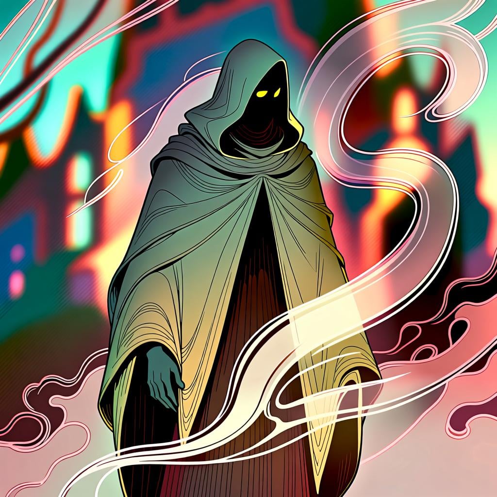 A mysterious figure wearing a large hat, partially obscured by shadow and mist, suggesting an unconfirmed identity.