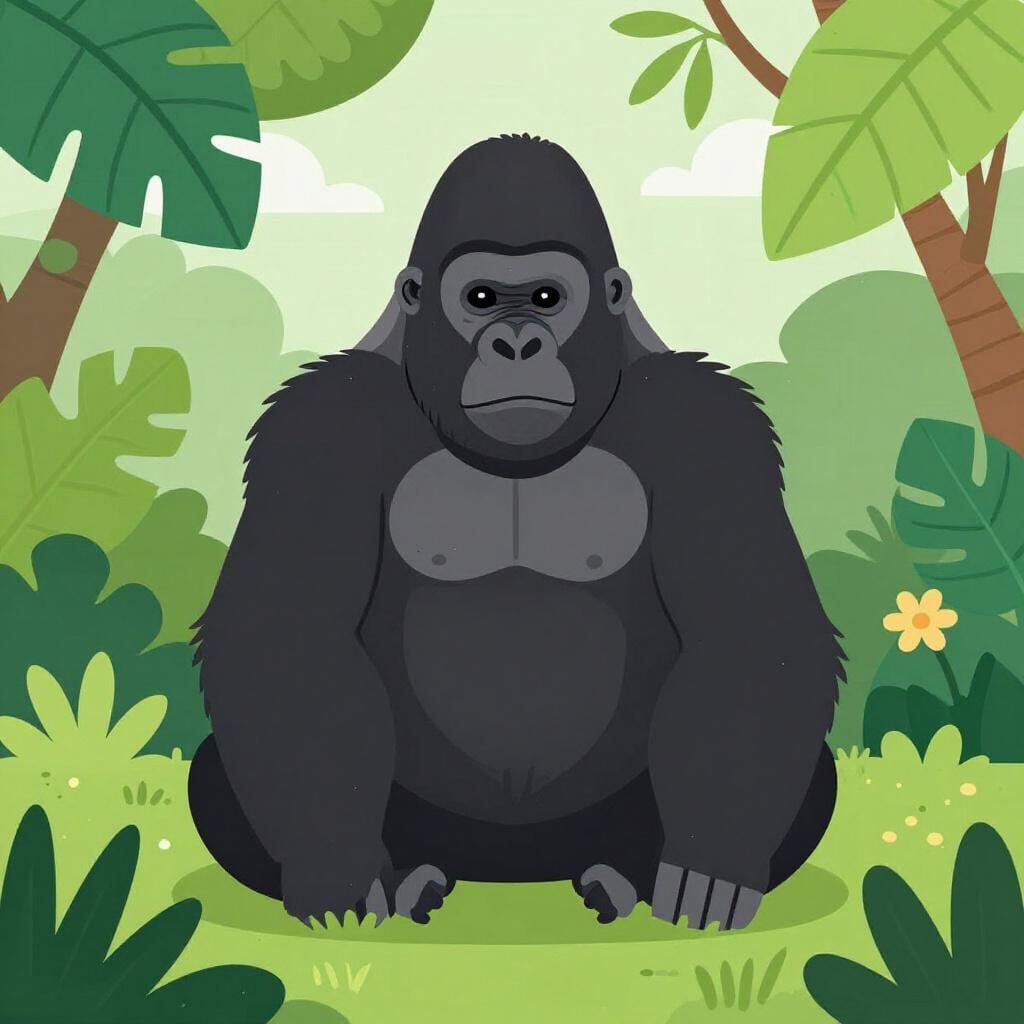 A large, powerful gorilla sitting peacefully in a lush green jungle clearing.