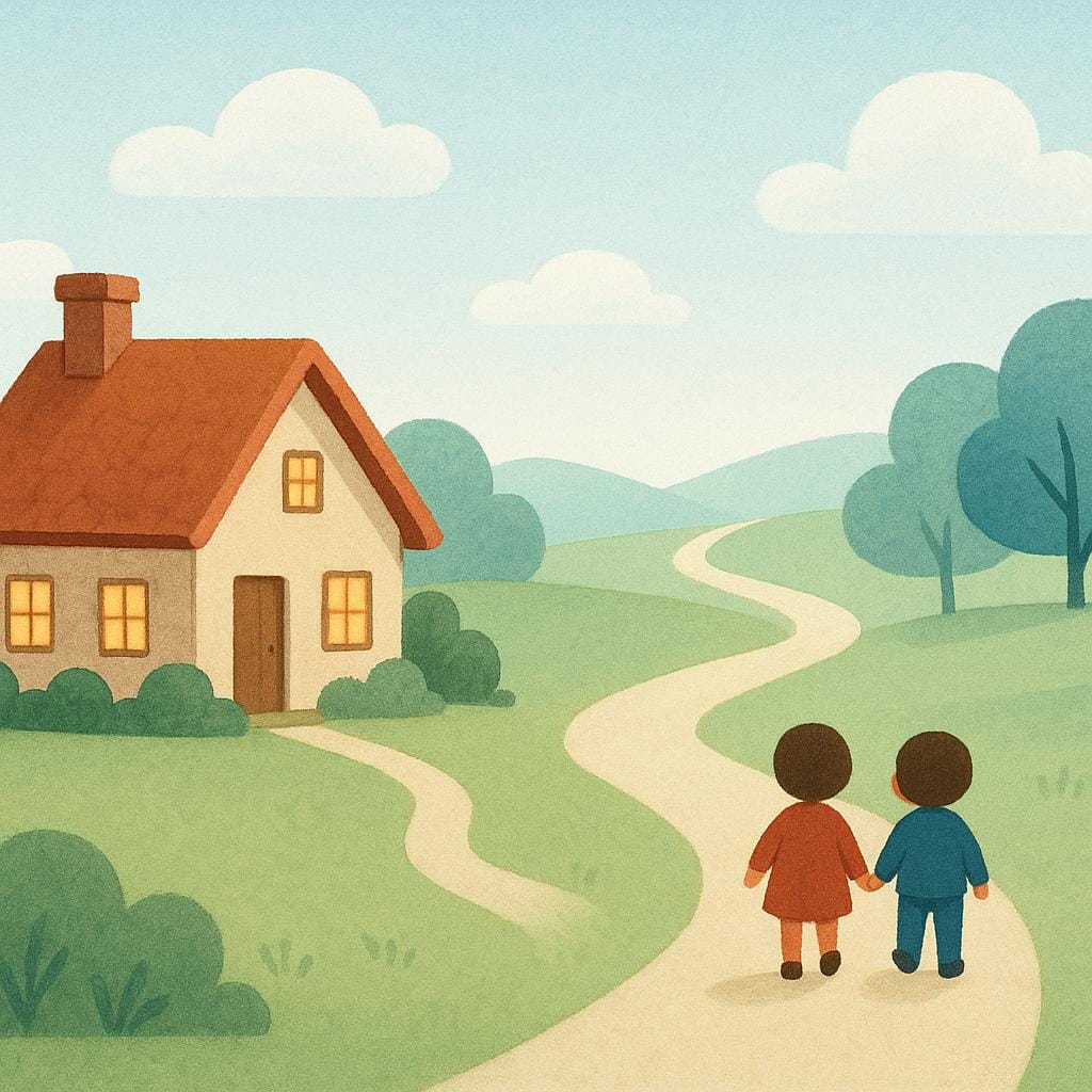 Two small, stylized figures are walking away from a cozy house along a winding path, their backs to the viewer, receding into the distance.