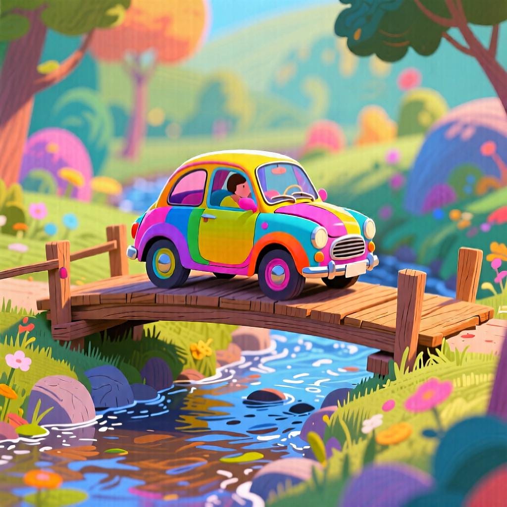 A small, brightly colored car driving across a simple wooden bridge over a small stream.