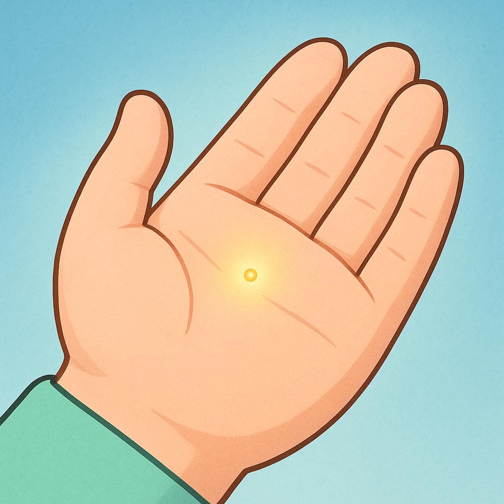 A gentle open human hand holding one single, tiny, glowing golden speck on the palm, symbolizing a small amount or a bit.