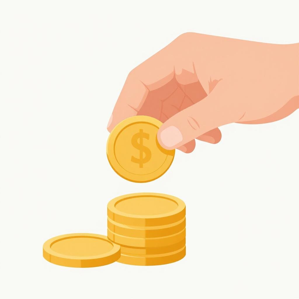 A small stack of three gold coins being placed into a neat pile.