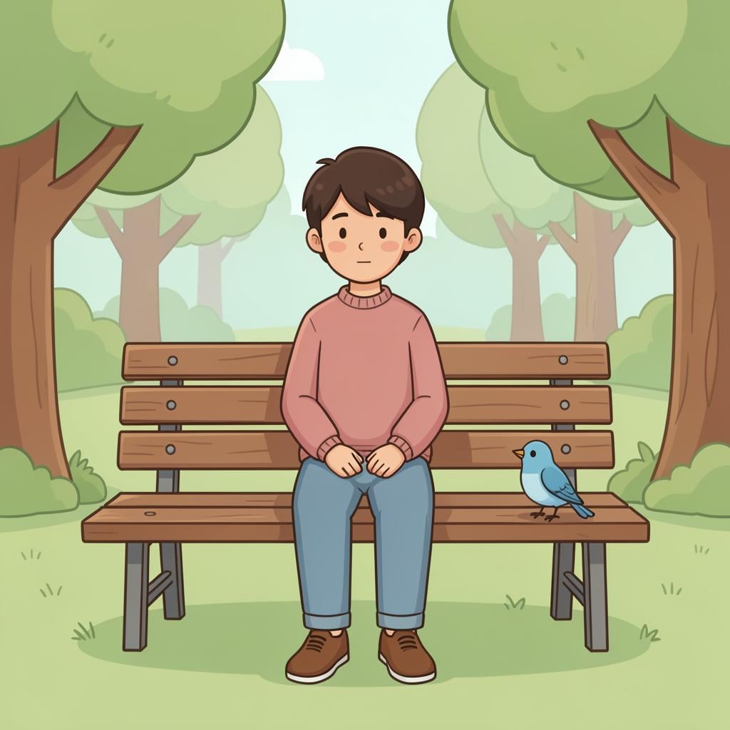 A peaceful person sitting on a park bench with a gentle smile, looking at a bird.