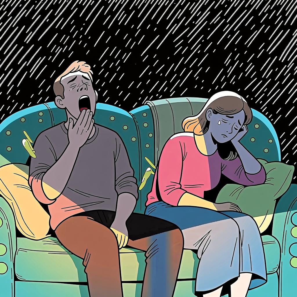 2人がソファに座って、とても疲れてあくびをしている様子。'están'が一時的な状態を表すために使われていることを示しています。