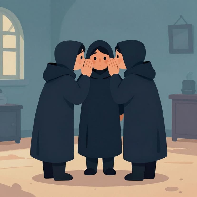 Three people wearing dark cloaks huddled together in a circle, whispering in a dimly lit room.