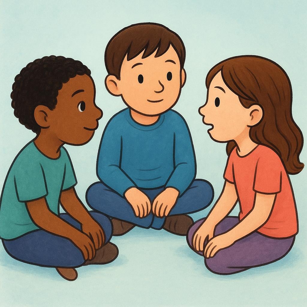 Three people gathered, two are looking expectantly at the third person who is preparing to speak, representing the subjunctive idea of 'that they say'.