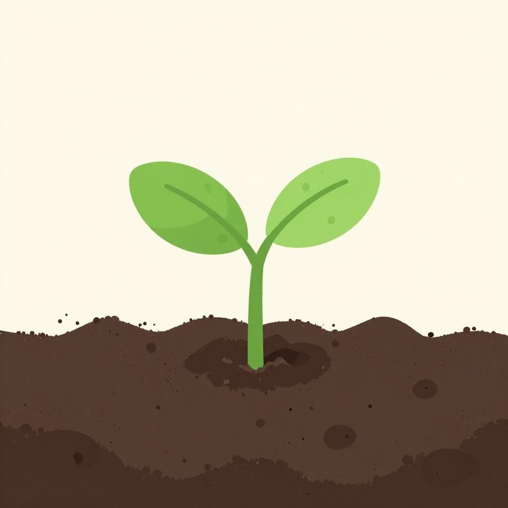 明るい太陽の下で土から小さな緑の芽が生えている様子。