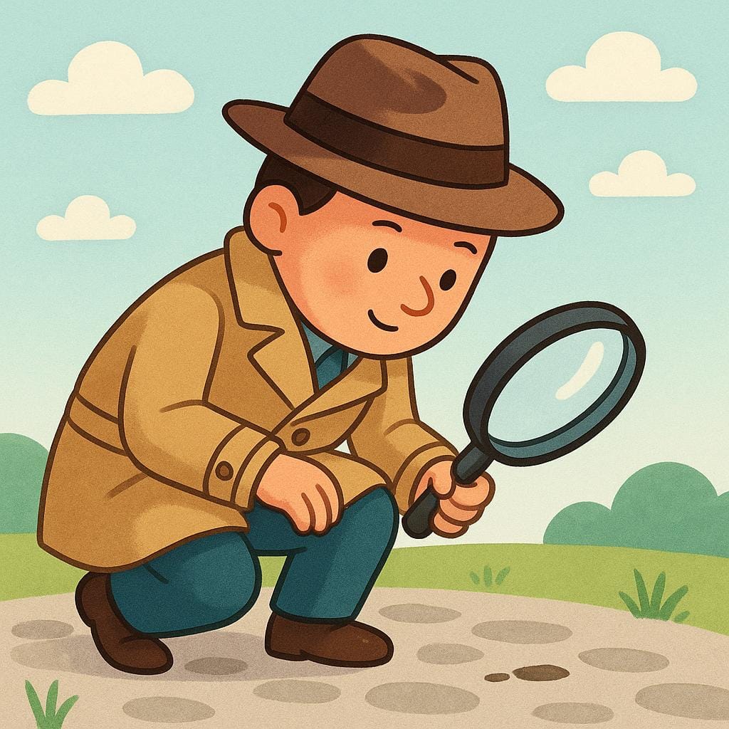Um desenho animado de um detetive vestindo um sobretudo e um chapéu fedora, ajoelhado examinando uma pequena pista escondida no chão usando uma lupa grande.