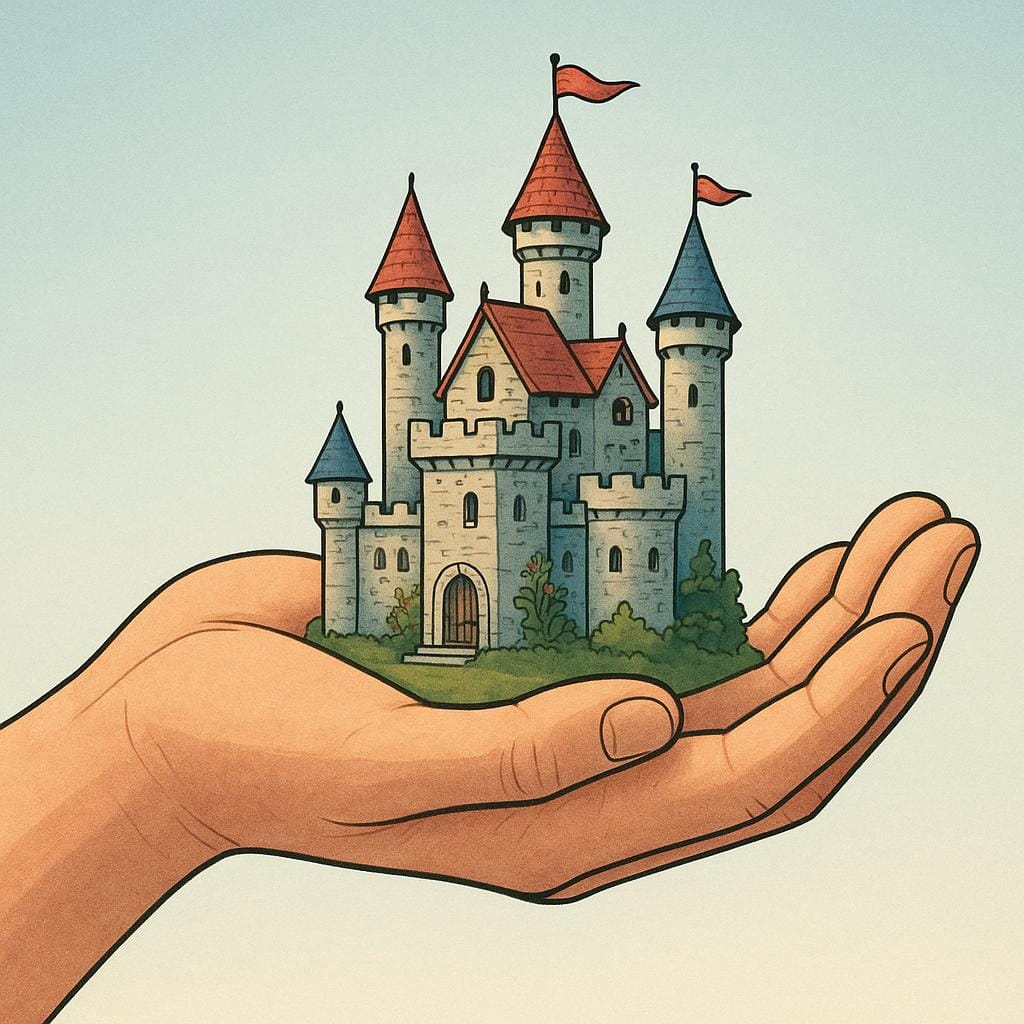 A giant hand holding a miniature castle in its palm, symbolizing absolute control or domination.