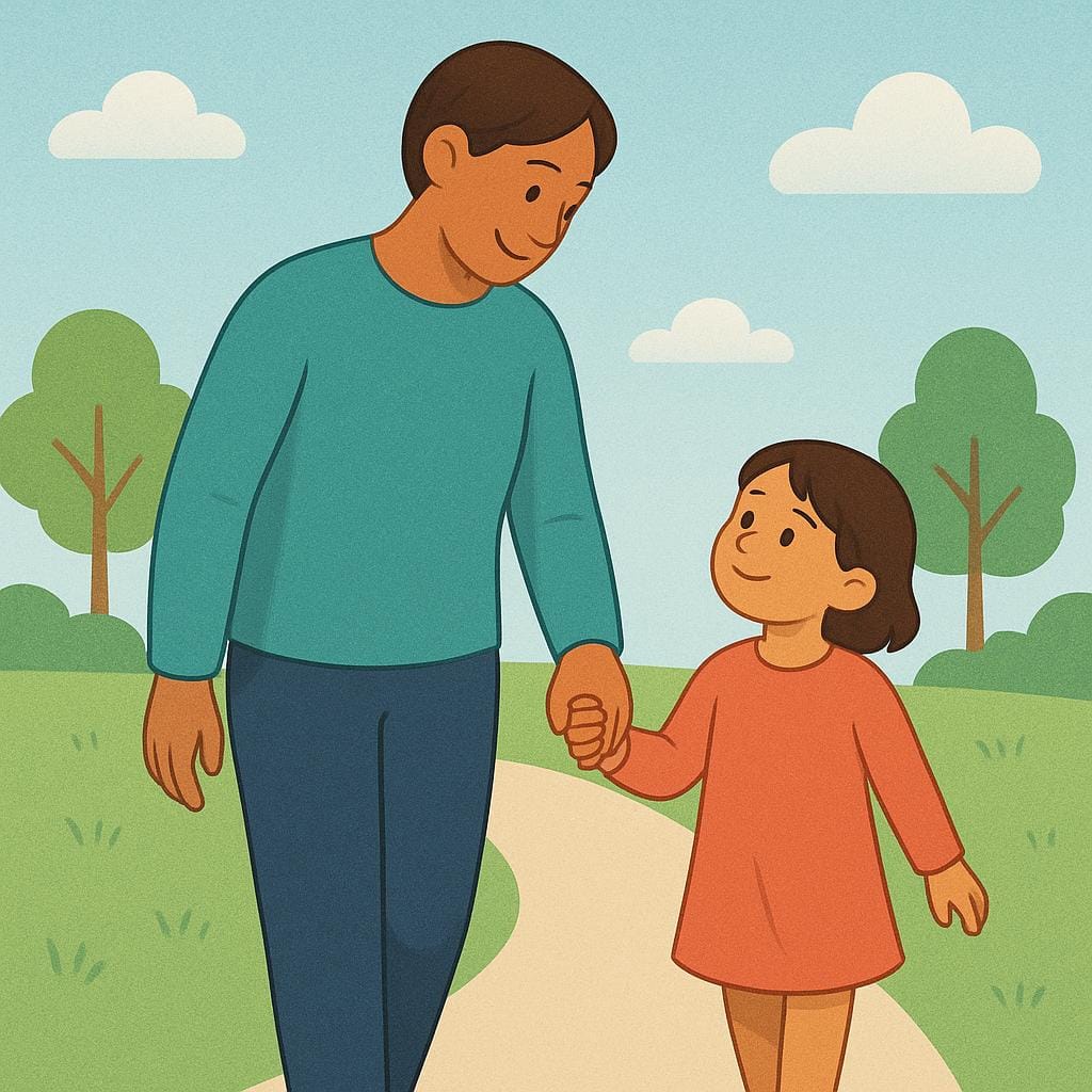 A protective adult figure holding the hand of a small child firmly and gently, illustrating legal guardianship.