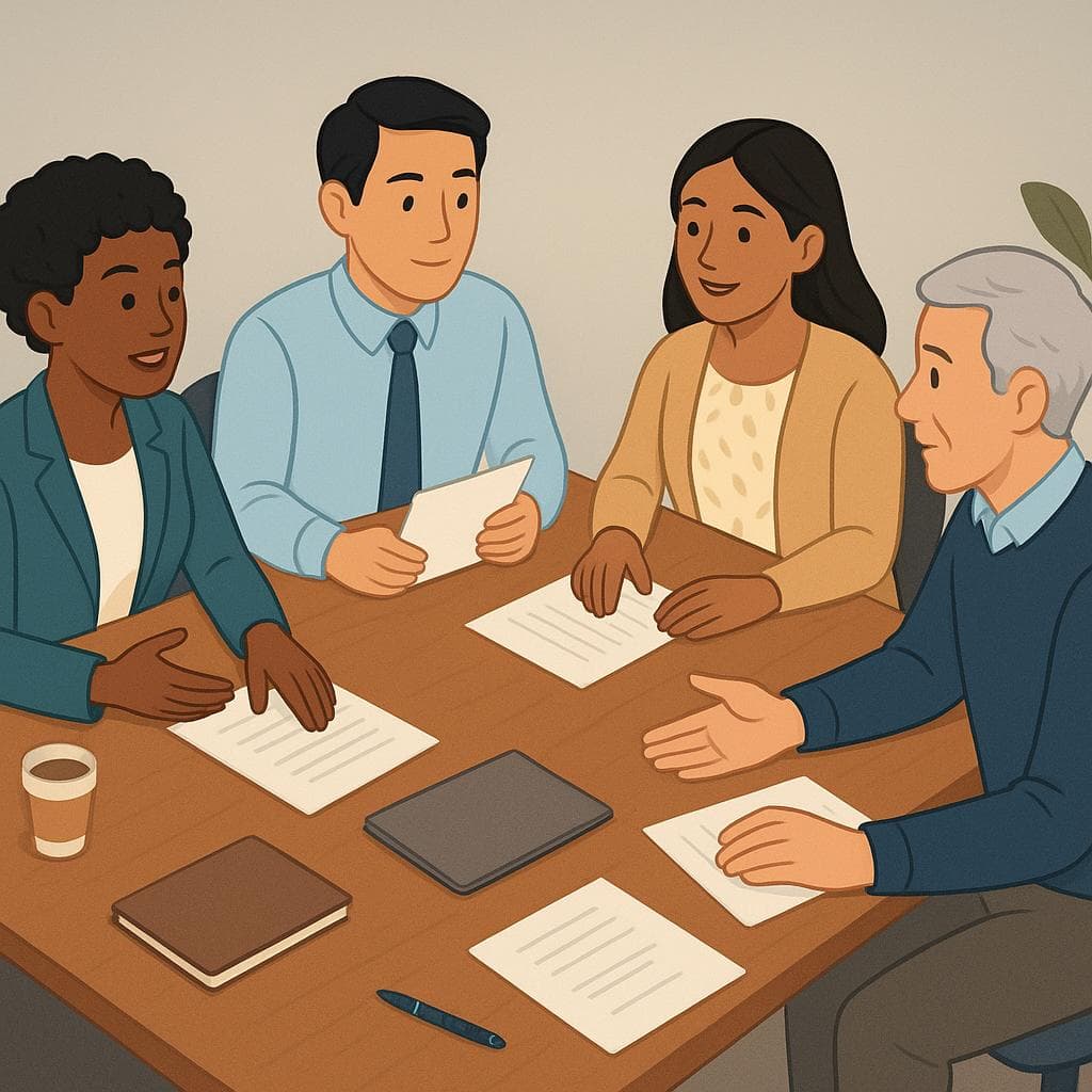 Een eenvoudige kinderboekillustratie met vier diverse mensen die rond een grote tafel in een helder verlichte kamer zitten, bezig met een formele discussie, wat een comité voorstelt.