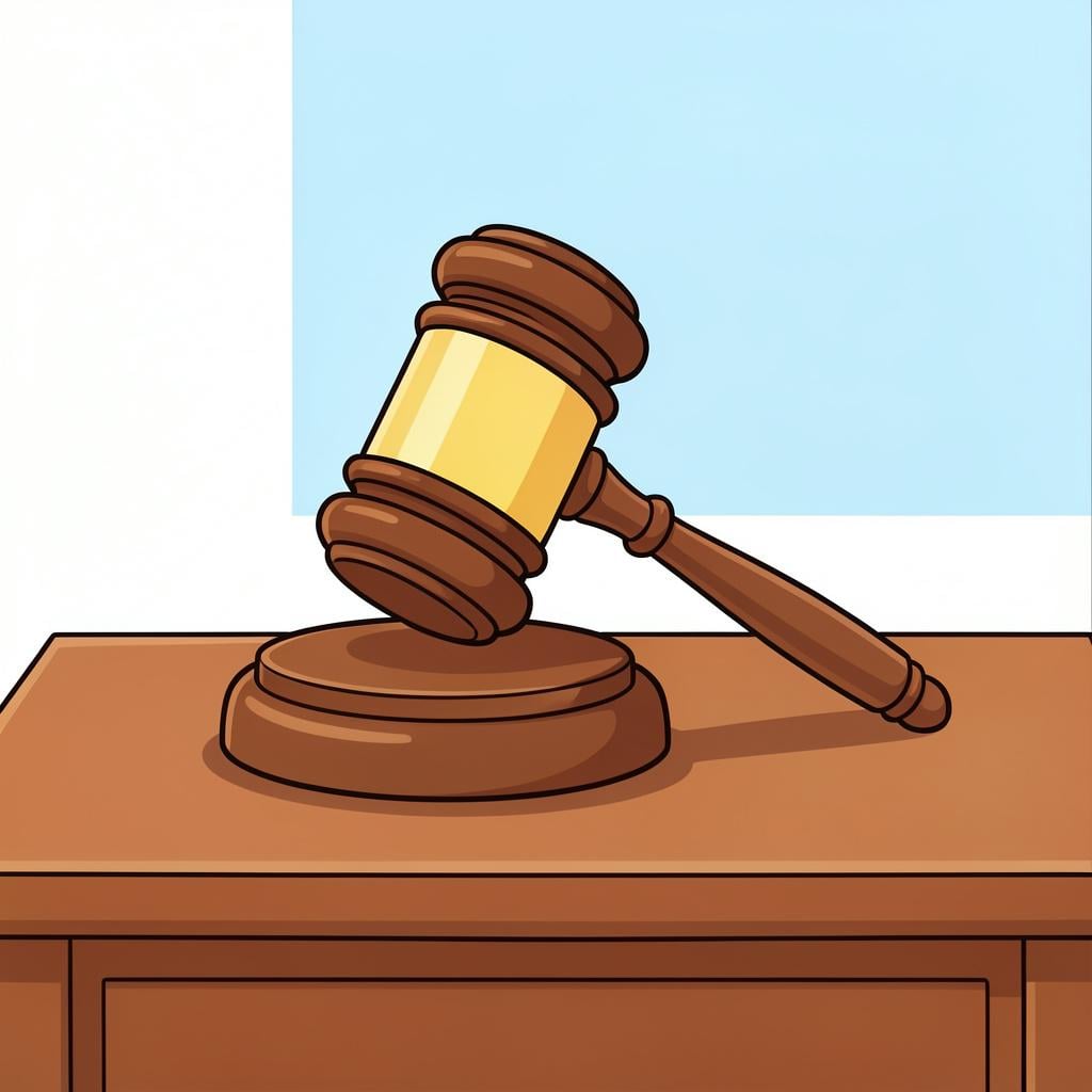 A heavy wooden gavel resting on a wooden sound block.