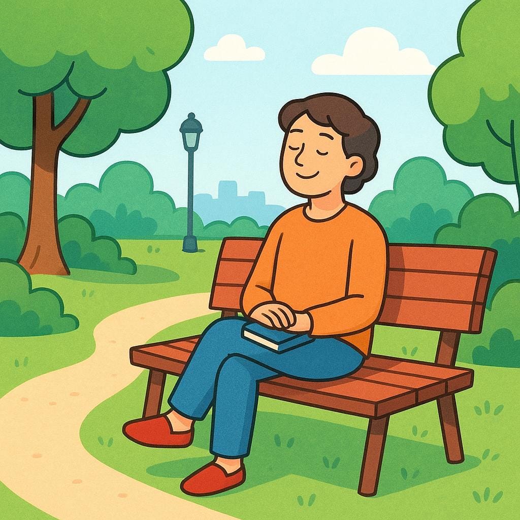 緑の公園のベンチに座り、目を閉じてリラックスした様子でくつろいでいる人の絵本風のイラスト。