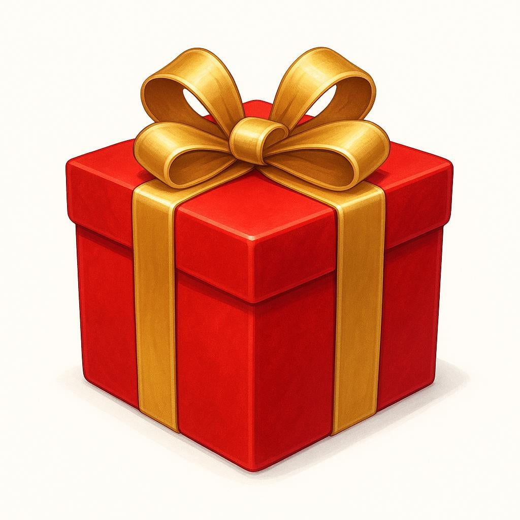 A large, square gift box wrapped in shiny red paper and tied with a large gold ribbon bow.