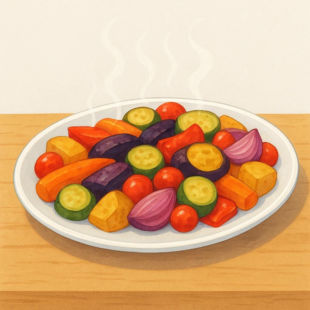 A large, oval white ceramic serving dish (platter) piled high with colorful, steaming roasted vegetables placed on a wooden table.
