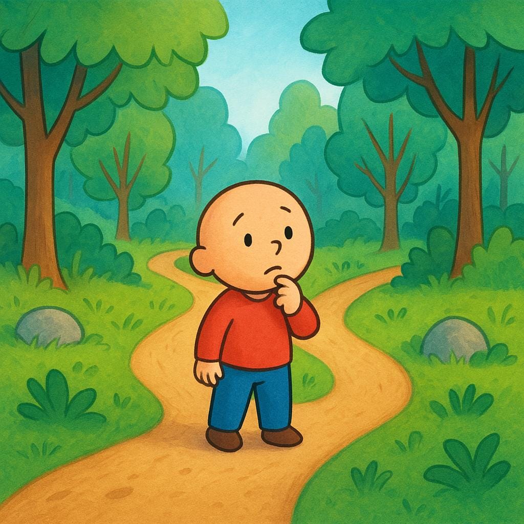 A small, simple character standing at a fork in a path, looking back and forth between the two directions with a confused or uncertain expression.