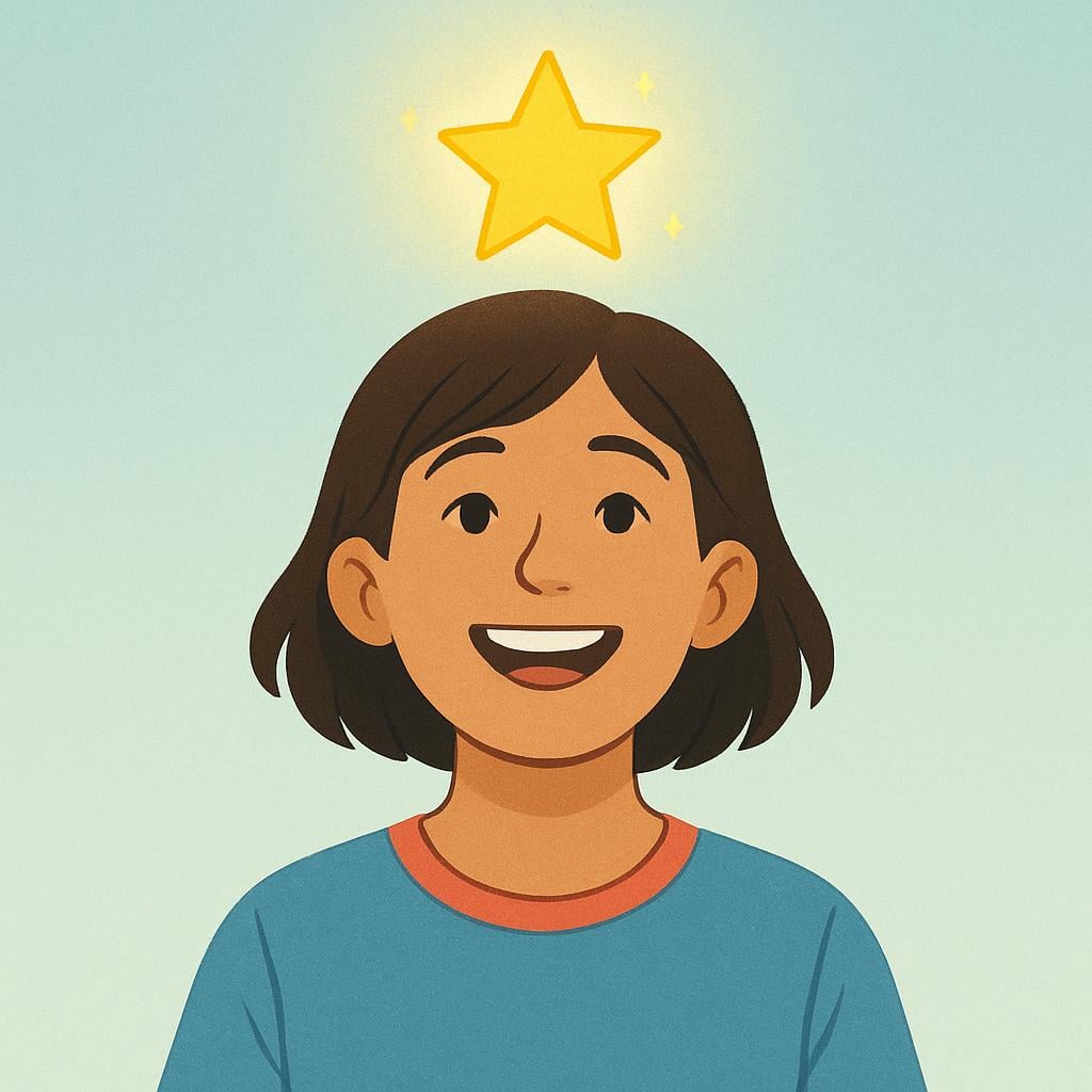A simple, colorful illustration showing a young person smiling brightly, with a small, stylized glowing yellow star hovering above their head, symbolizing a sudden moment of understanding or realization.