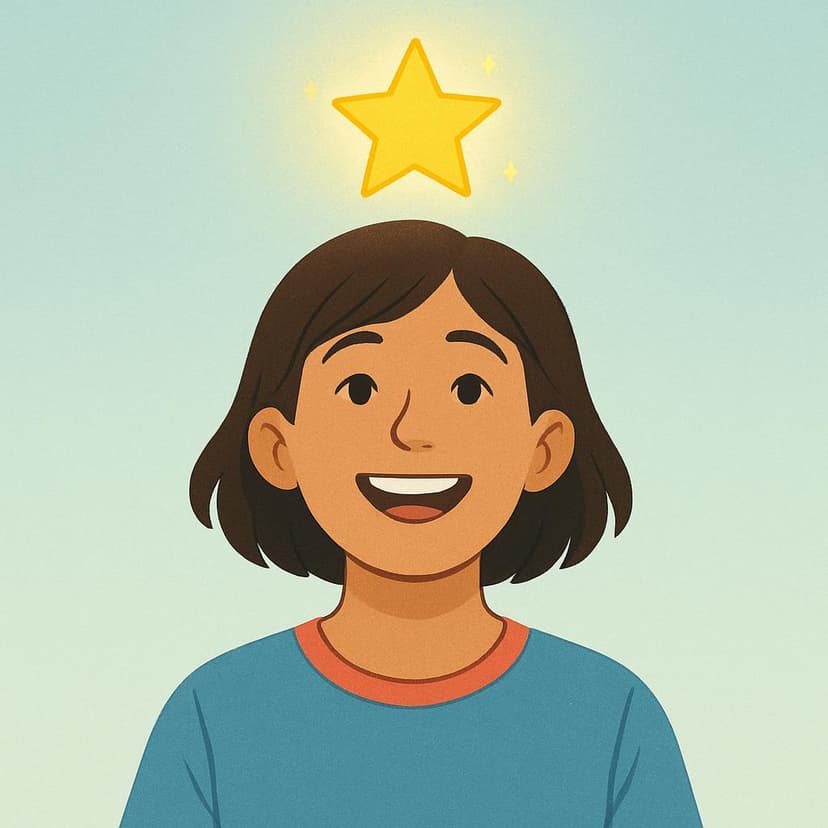 A simple, colorful illustration showing a young person smiling brightly, with a small, stylized glowing yellow star hovering above their head, symbolizing a sudden moment of understanding or realization.