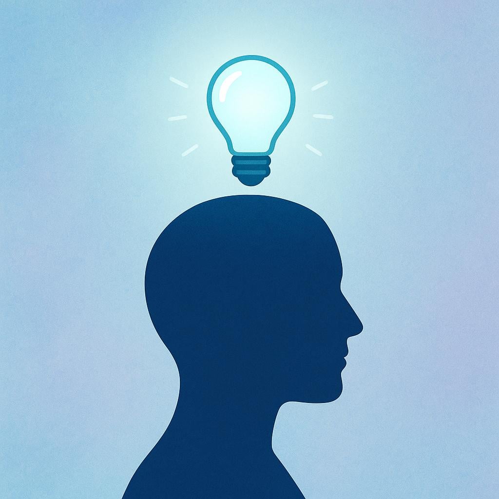 A simple illustration depicting the profile silhouette of a human head. A stylized, glowing lightbulb floats just above the head, illuminating the inside of the silhouette to symbolize intellectual refinement or knowledge.