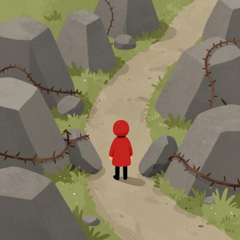 A small figure trying to walk through a path filled with large, heavy boulders and thick thorny bushes.