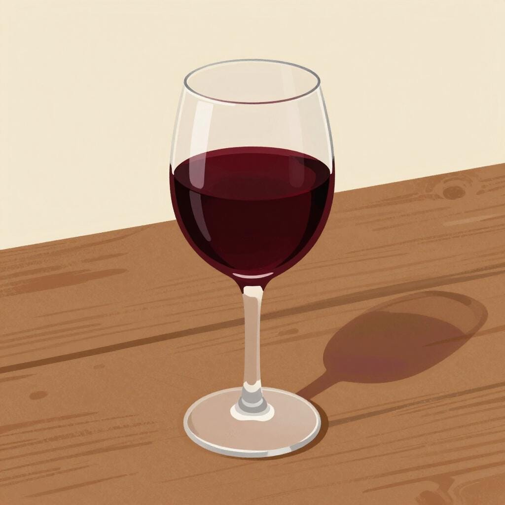 A glass of deep red wine sitting on a wooden table.