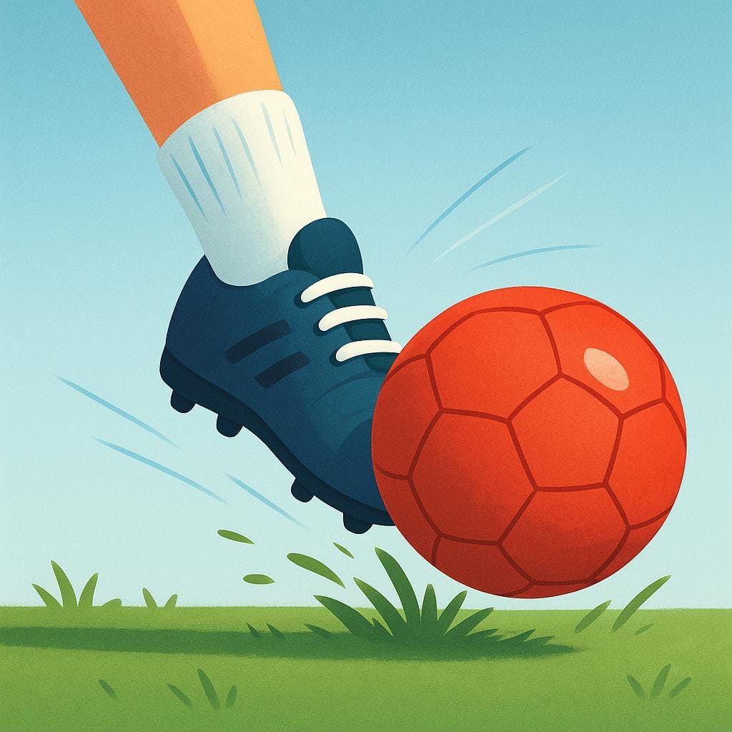 A close-up, colorful storybook illustration showing a person's foot mid-action, kicking a bright red soccer ball.
