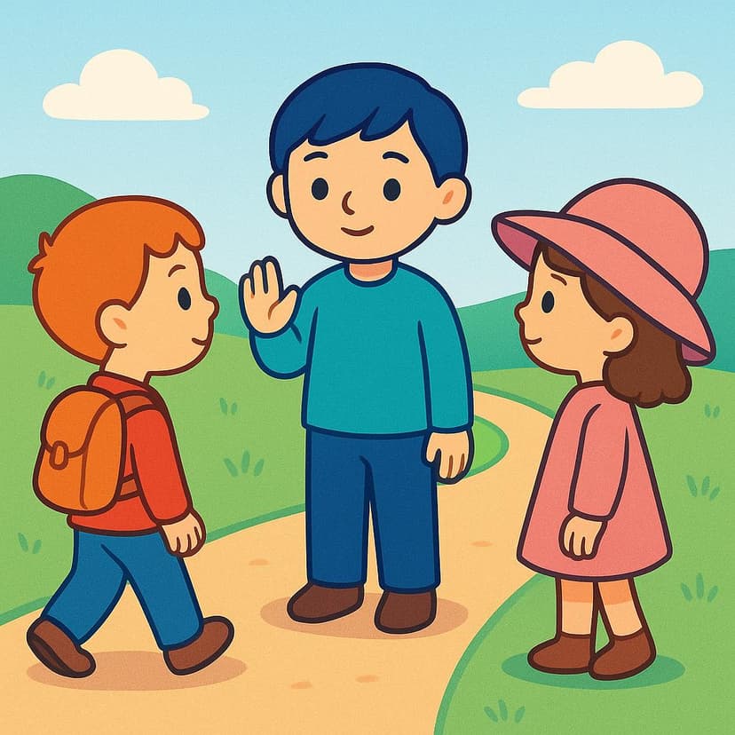 Three colorful storybook characters are paused on a path. The character in the foreground has their arm extended with an open palm facing the other two characters, signaling them to stop or wait.
