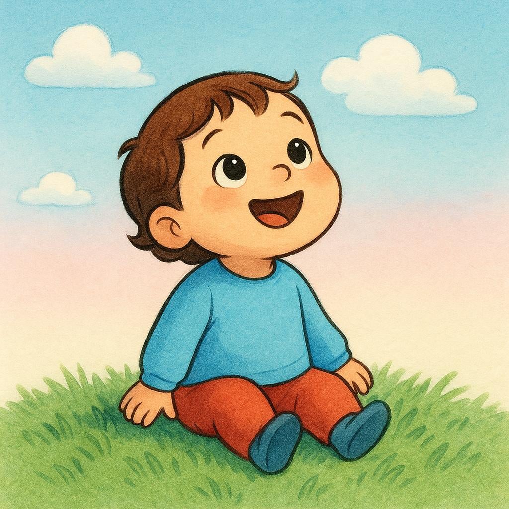 A small, happy child sitting in a field, looking up with a wide smile and outstretched hands, experiencing pure delight.