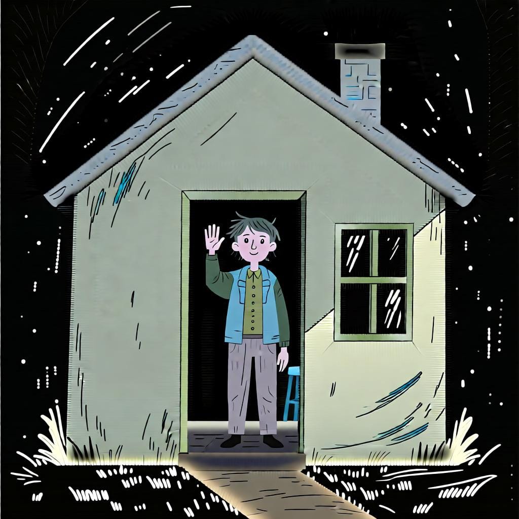 A person standing inside a simple, cozy house, indicating their location.