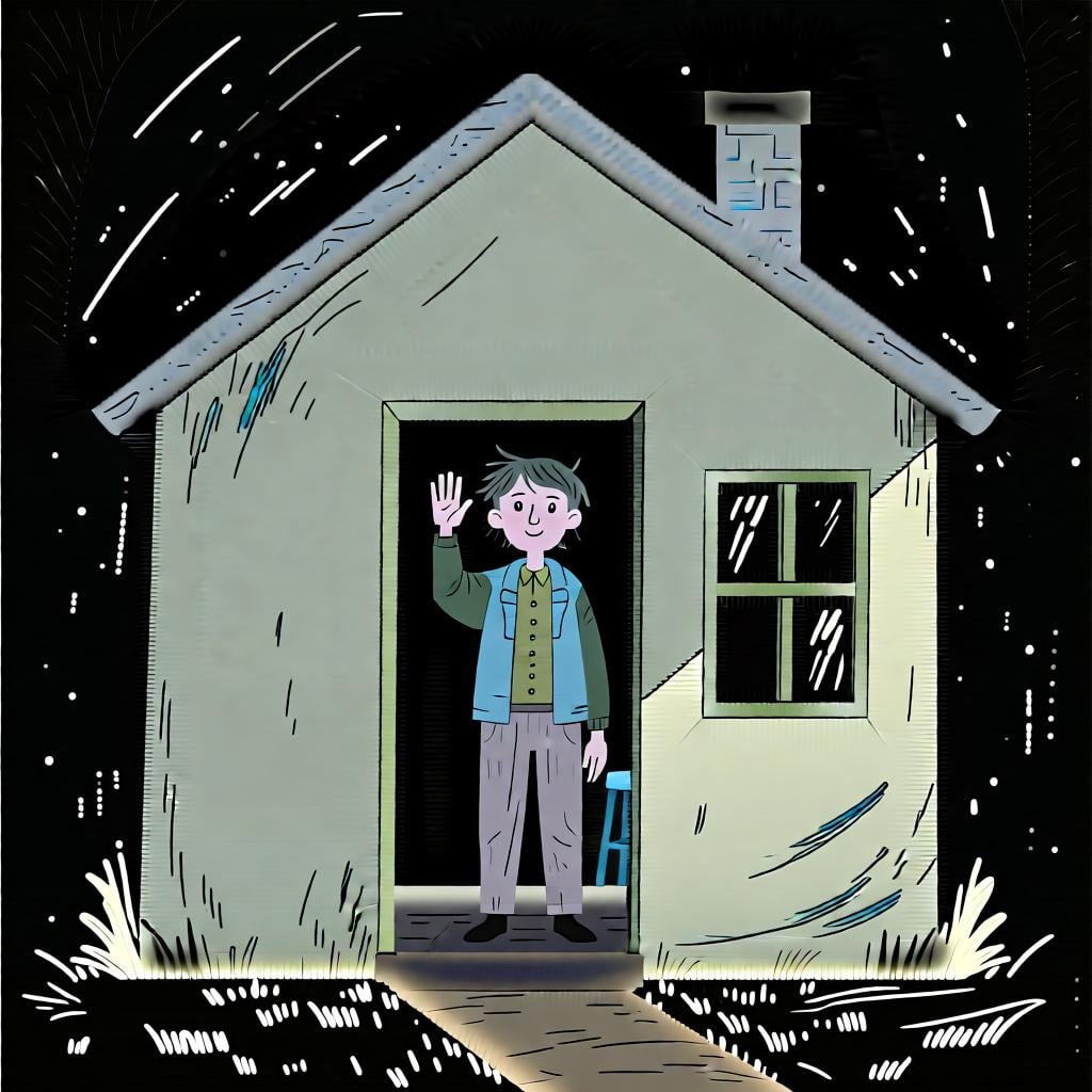 A person standing inside a simple, cozy house, indicating their location.