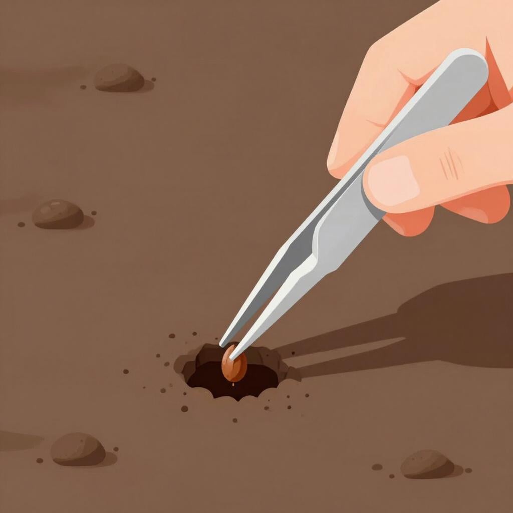 A pair of tweezers carefully placing a single tiny seed into a small hole.