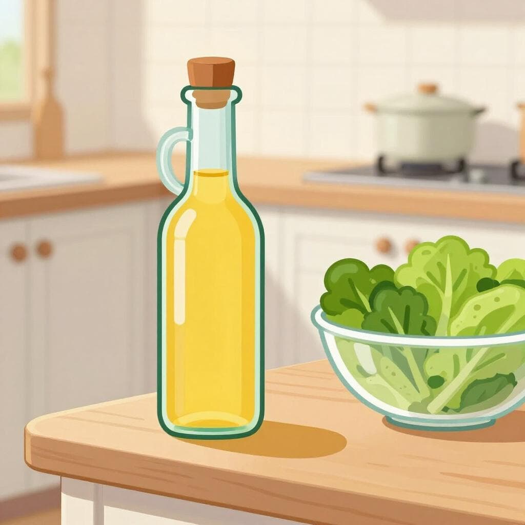 Uma garrafa de vidro cheia de líquido transparente com rolha, ao lado de uma garrafa verde com uma folha de salada.