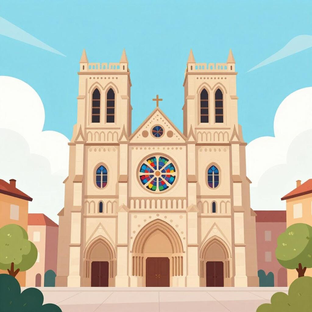 A large, beautiful stone cathedral with tall spires and stained glass windows under a clear sky.