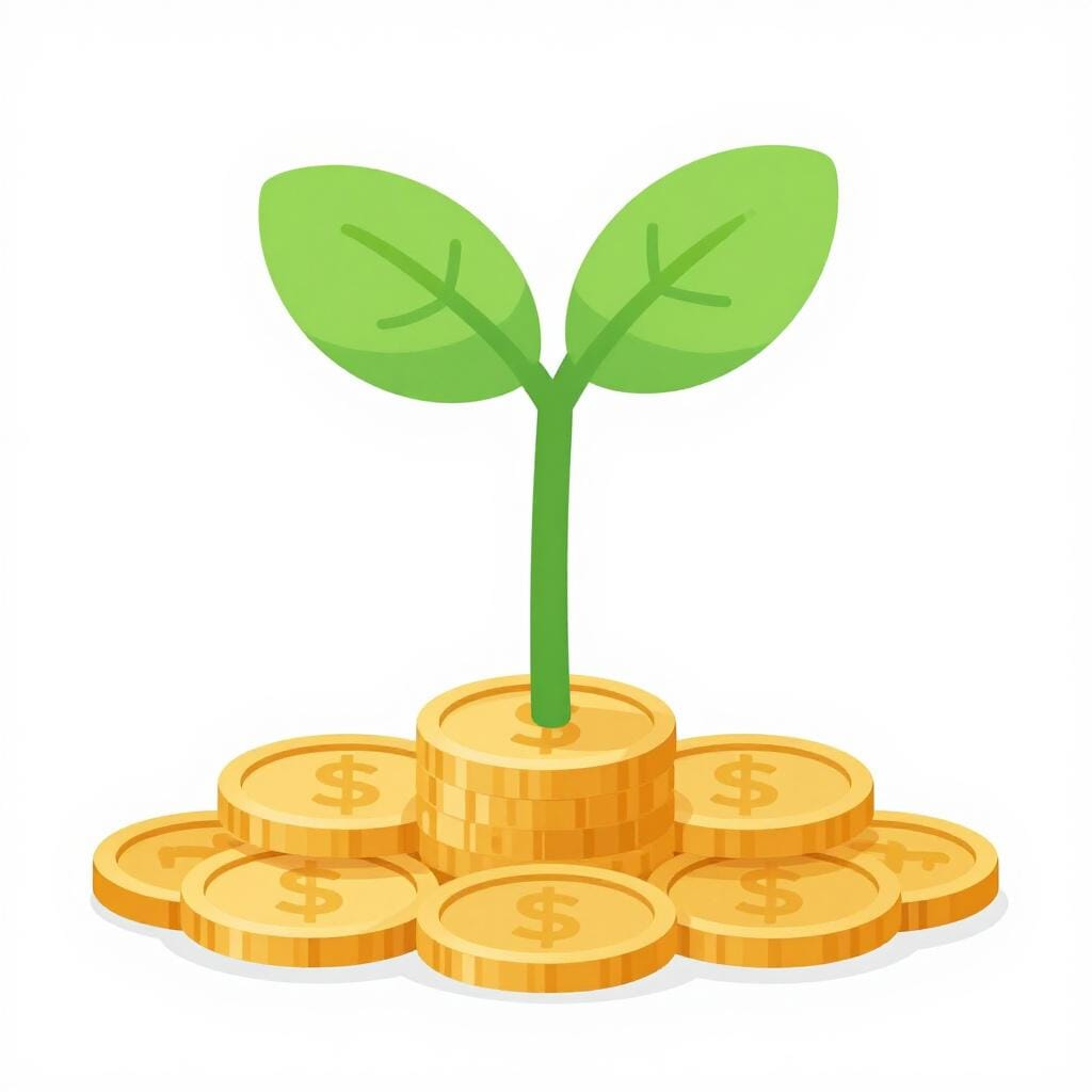 Eine kleine grüne Pflanze wächst aus einem Haufen Goldmünzen.