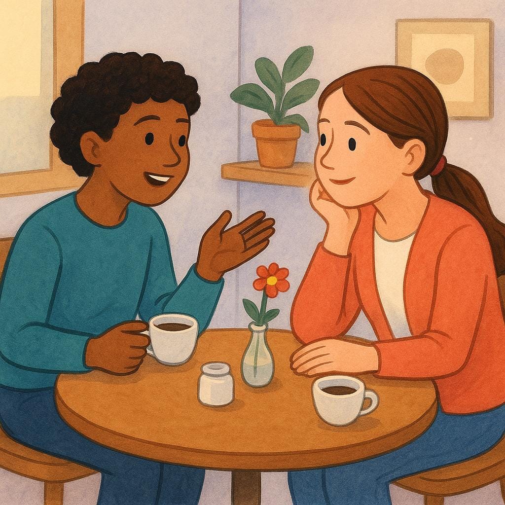 A storybook illustration showing two smiling people sitting at a cafe table, animatedly chatting.
