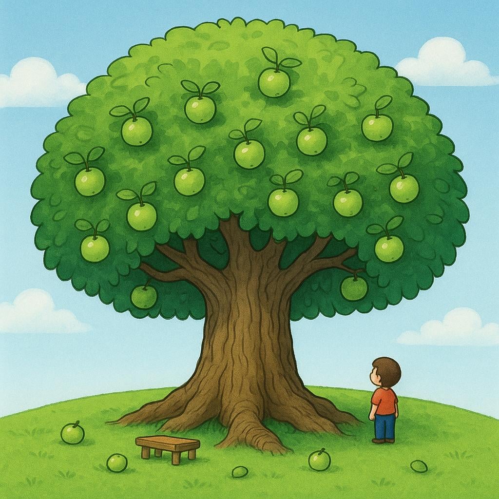 A small, newly planted sapling standing next to a huge, fully grown oak tree, symbolizing the passage of time required for growth.