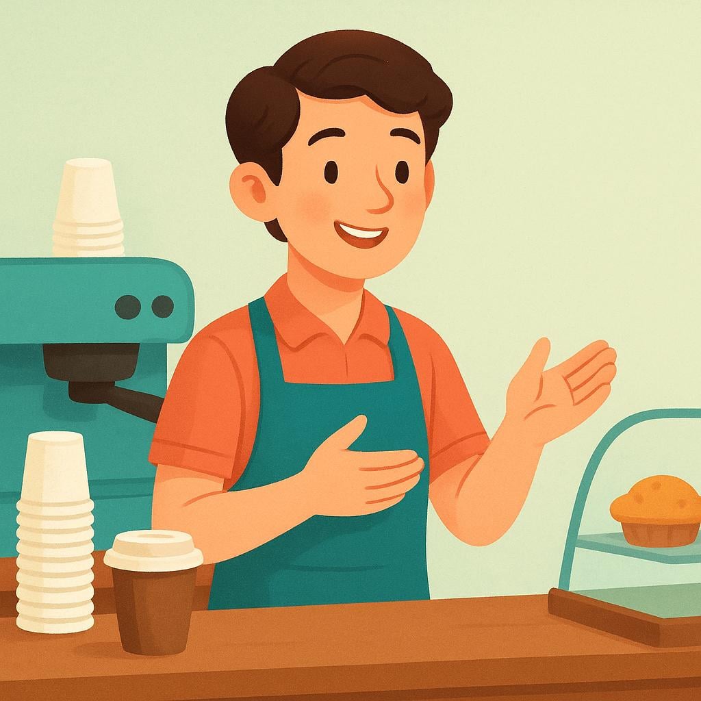 A polite barista standing behind a counter, gesturing courteously to a customer, ready to take their order.