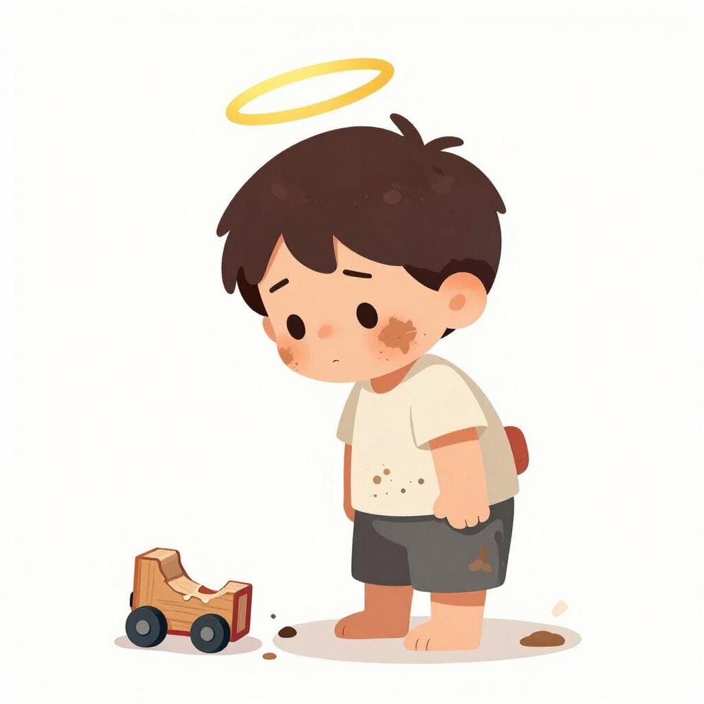 Un enfant espiègle avec un visage sale et des traces d'herbe, cachant un jouet cassé derrière son dos tout en portant une auréole de travers.