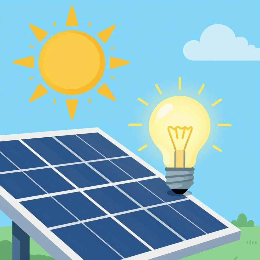 A bright yellow sun shining onto a blue solar panel which is powering a glowing lightbulb.