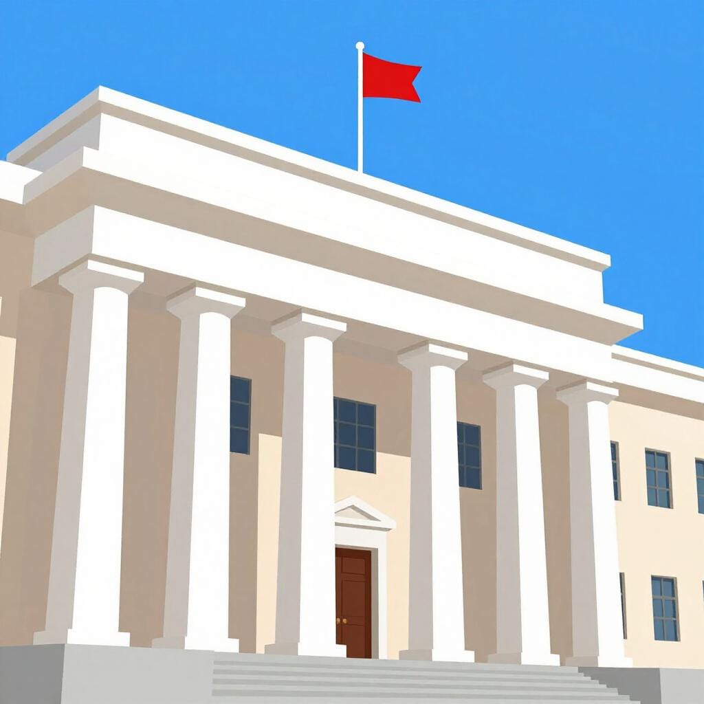 A simple illustration of a grand government building with columns and a flag on top.