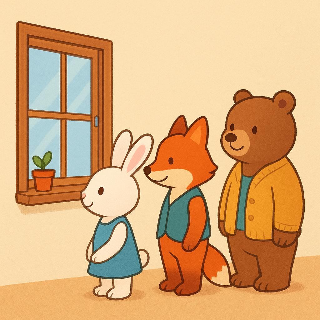 A line of three distinct cartoon animals—a rabbit, a fox, and a bear—standing patiently one behind the other at a closed window, depicting multiple periods of delay.