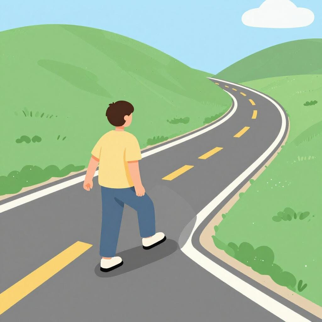 A person standing at a crossroad, stepping onto a side path to get ahead of a group.