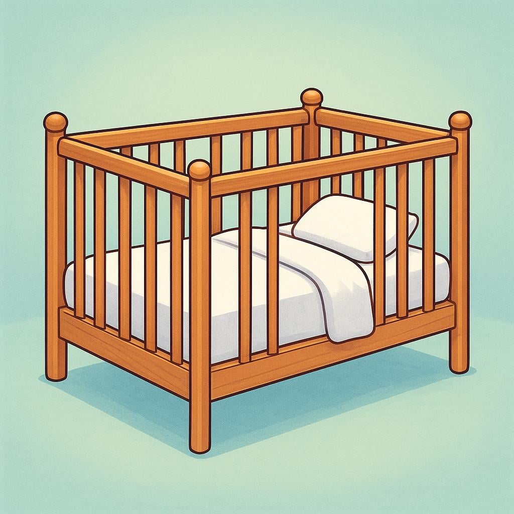 A simple, light wooden crib with high rails and soft white bedding inside.
