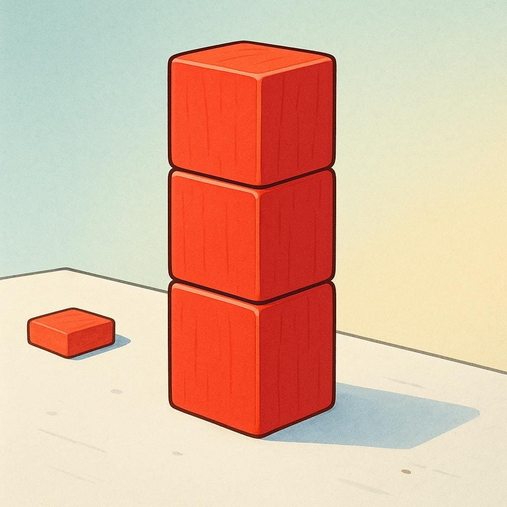 A storybook image showing a nearly depleted stack of red building blocks, with only three blocks still standing, illustrating what quantity is left.