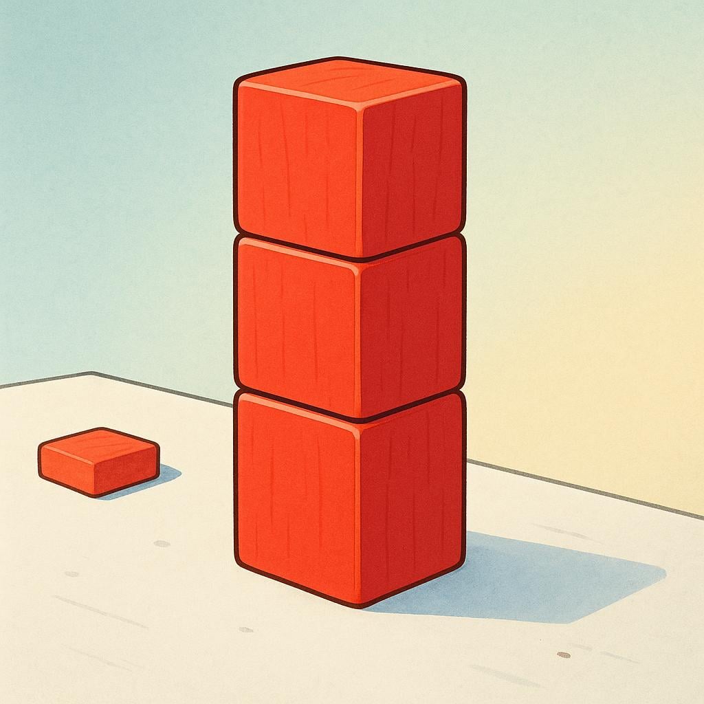A storybook image showing a nearly depleted stack of red building blocks, with only three blocks still standing, illustrating what quantity is left.
