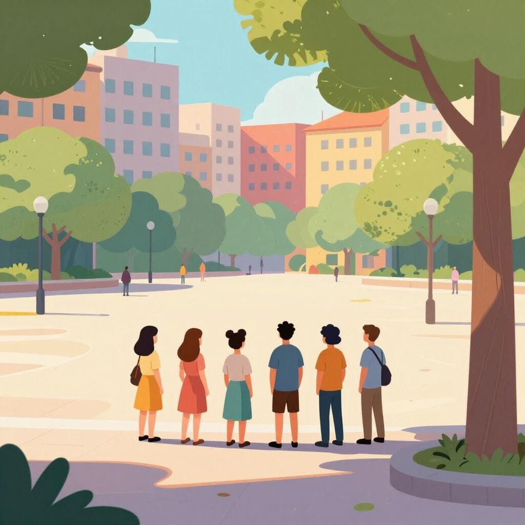 Un piccolo gruppo di persone in piedi nell'ombra ai margini di una piazza cittadina luminosa e vivace.