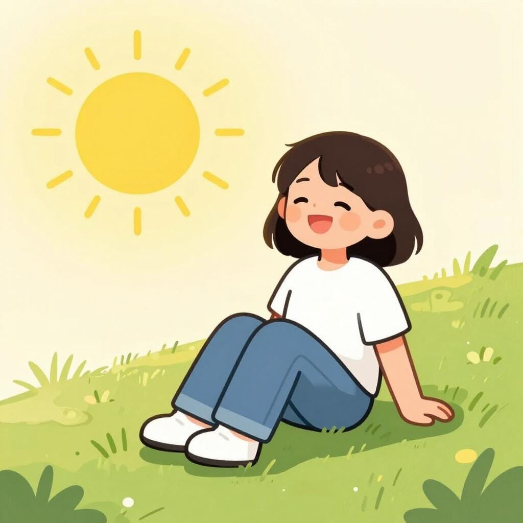 A person with a wide smile sitting on a hill under a bright sun.