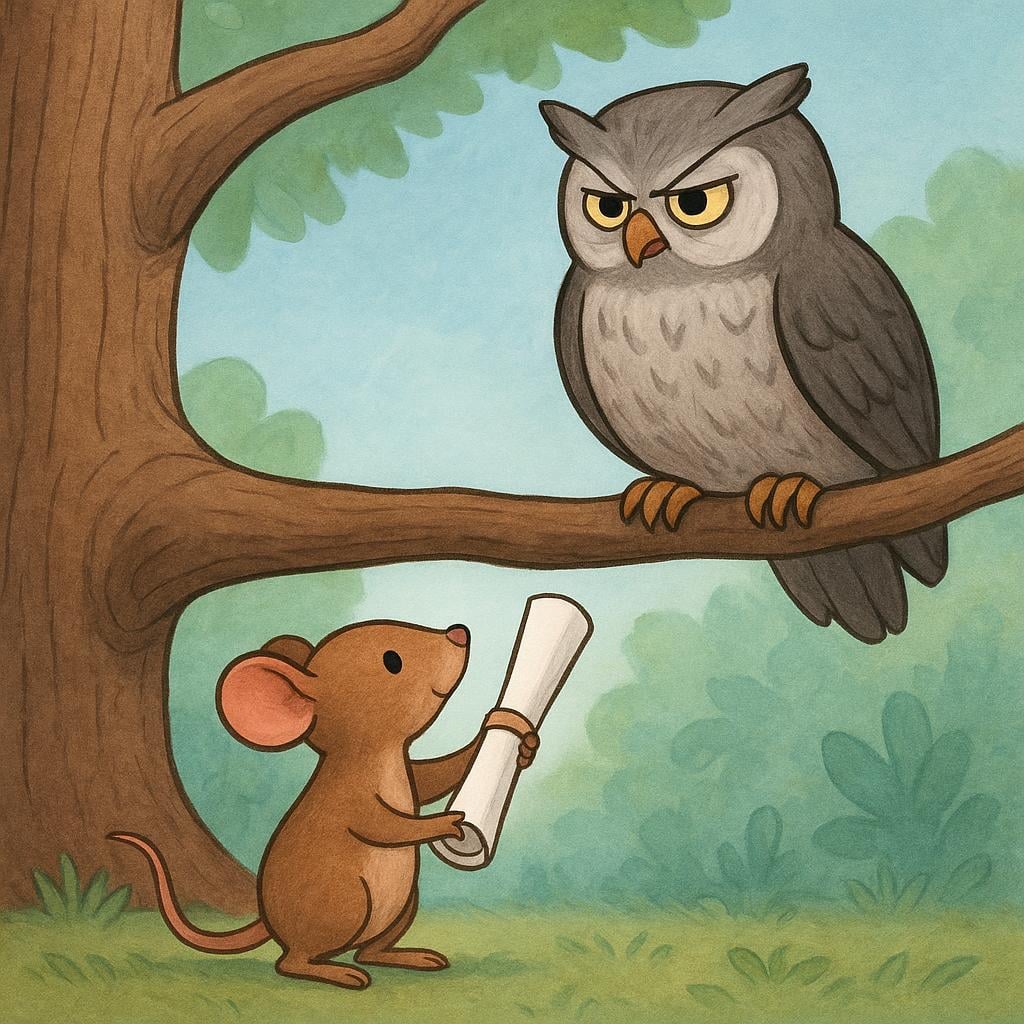 A determined small brown mouse standing on a pedestal, formally presenting a rolled-up scroll to a large, wise owl perched above.